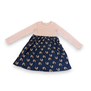Hanna Andersson Cotton Mixie Dress Pink Navy Blue Rainbow Twirl Girls 140 US 10